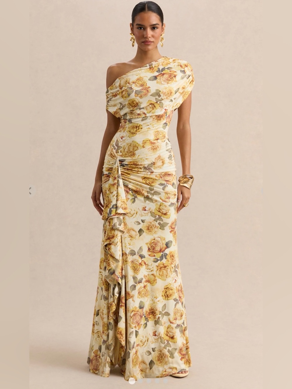 Lemon Rose Print Asymmetric-Neck Maxi Dress With Draped-Detailing